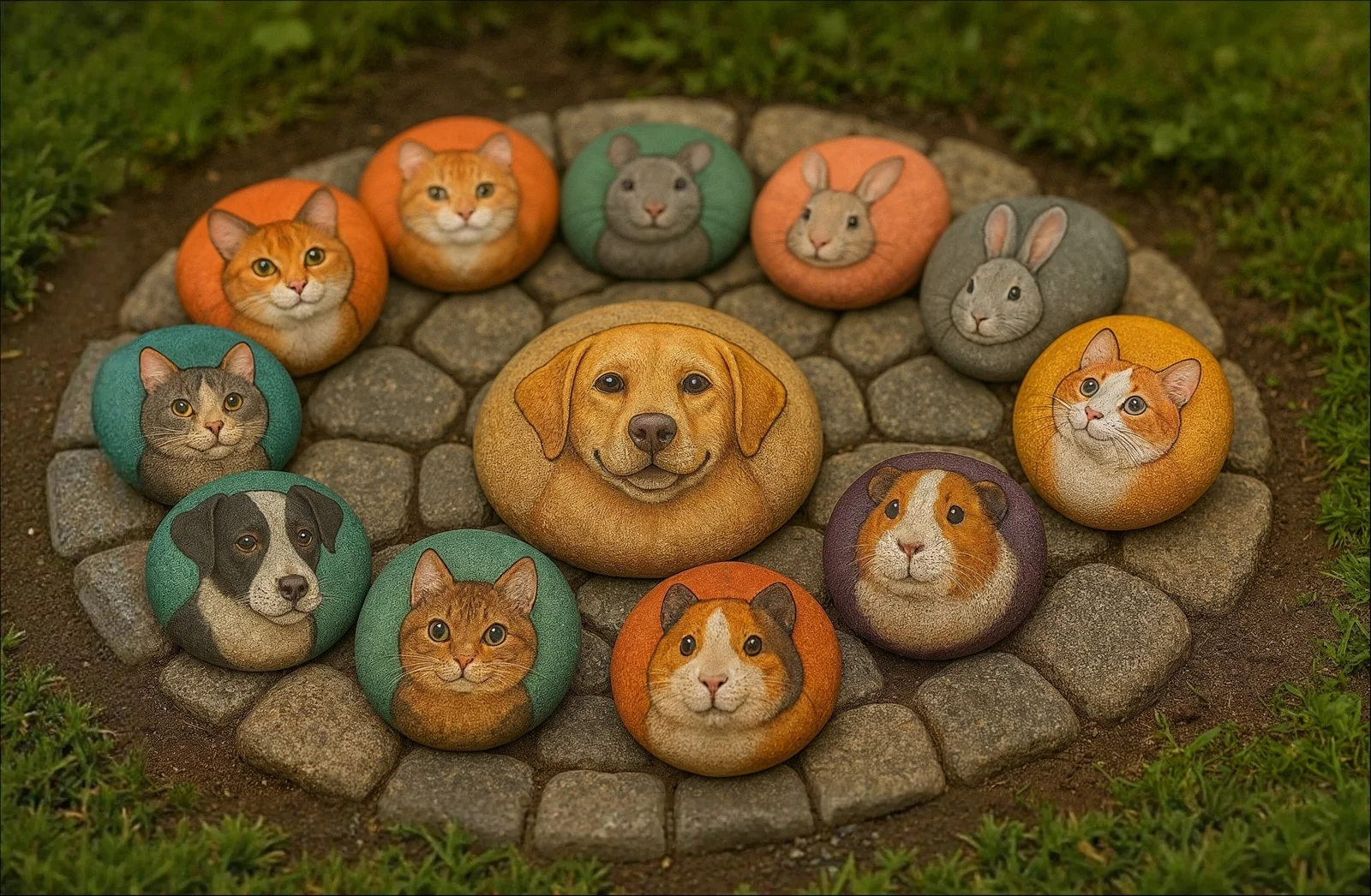 Círculo de piedras pintadas con caras de perros, gatos y conejos