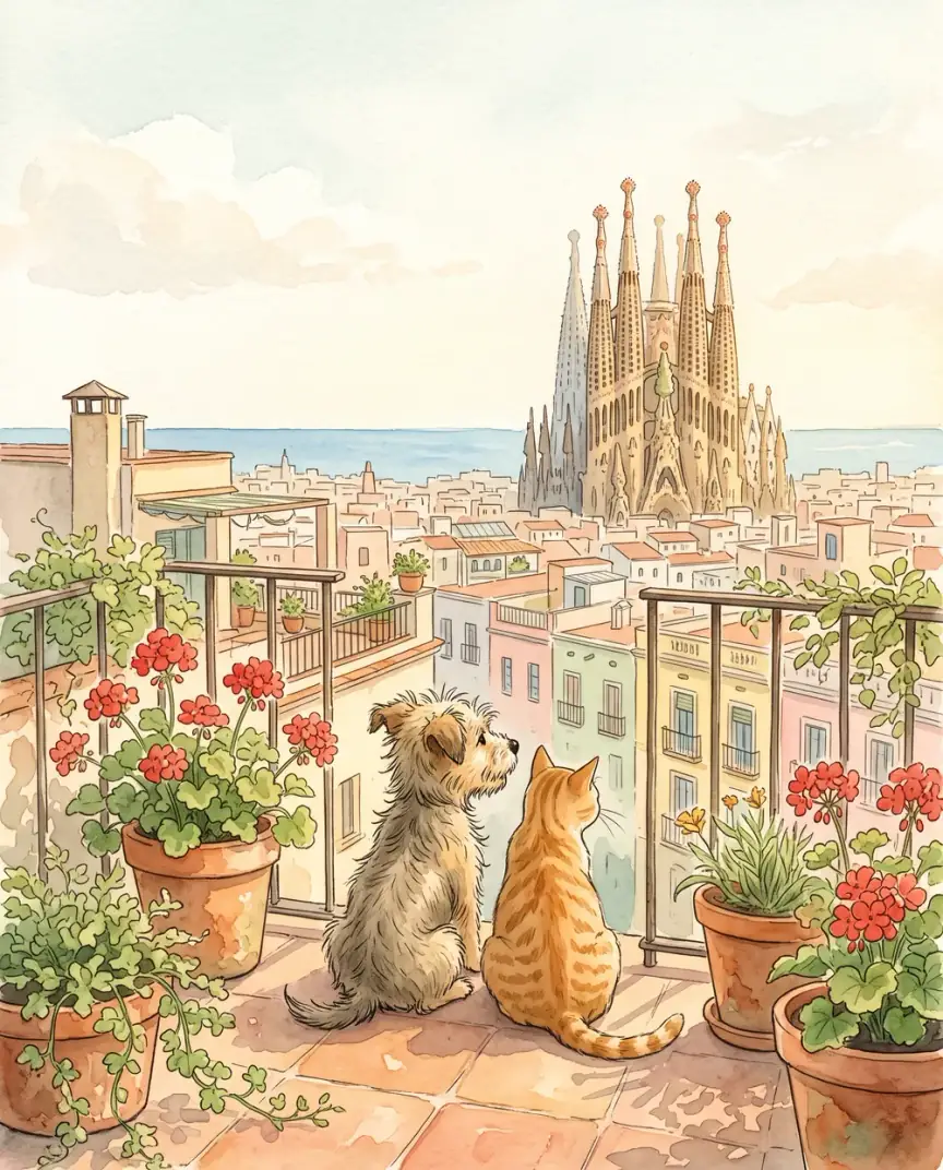 Ilustración de un perrito y un gato naranja en una terraza de Barcelona, mirando hacia la Sagrada Familia y el mar