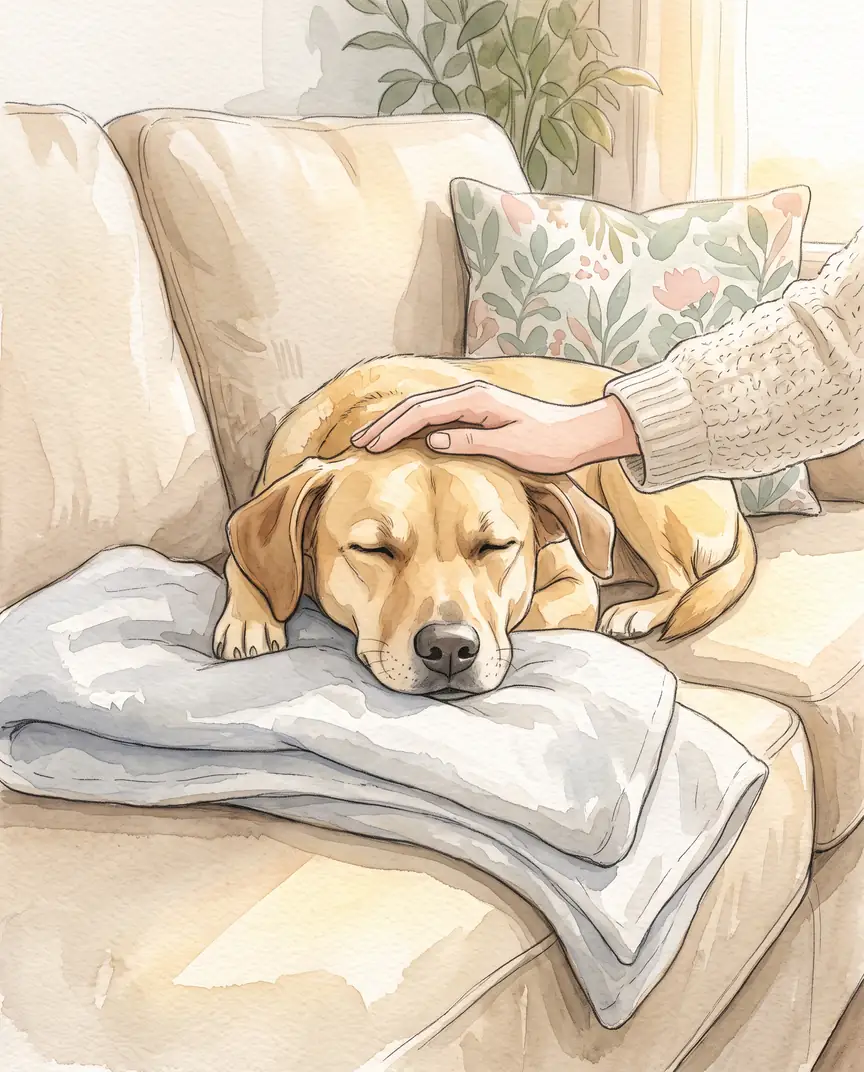 Ilustración de una mano acariciando la cabeza de un perro dormido en el sofá