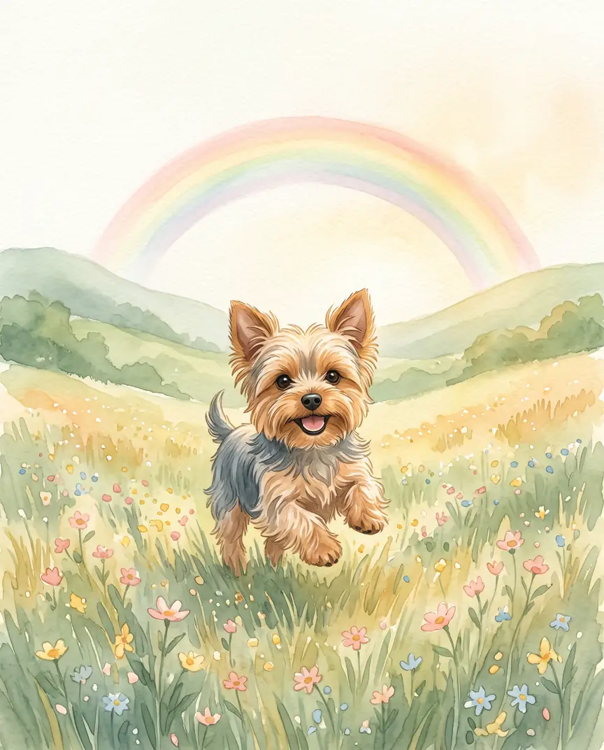 Ilustración de un yorkshire corriendo feliz por un prado con flores bajo un arcoíris