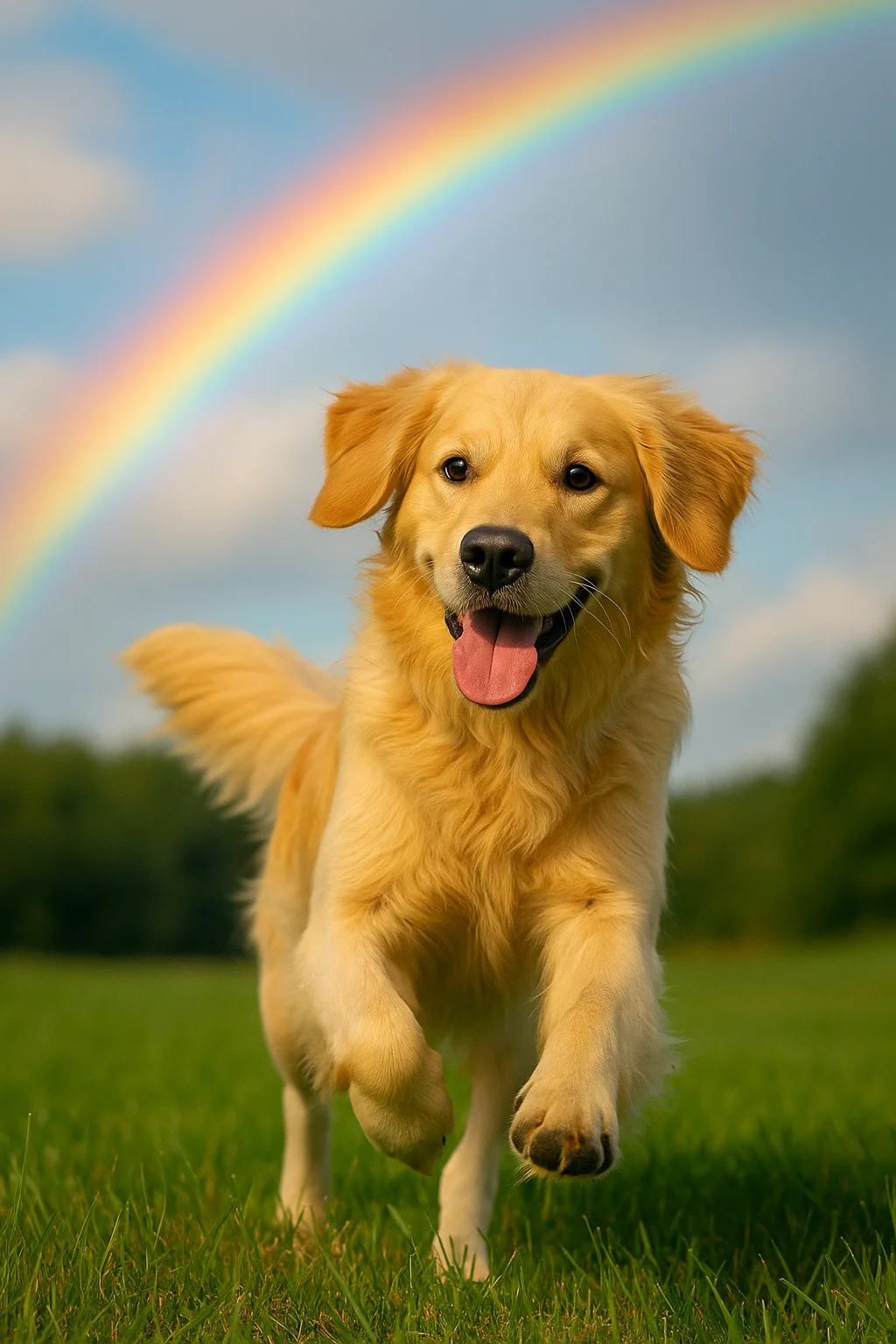 perro labrador corriendo en el campo con un arco iris de fondo